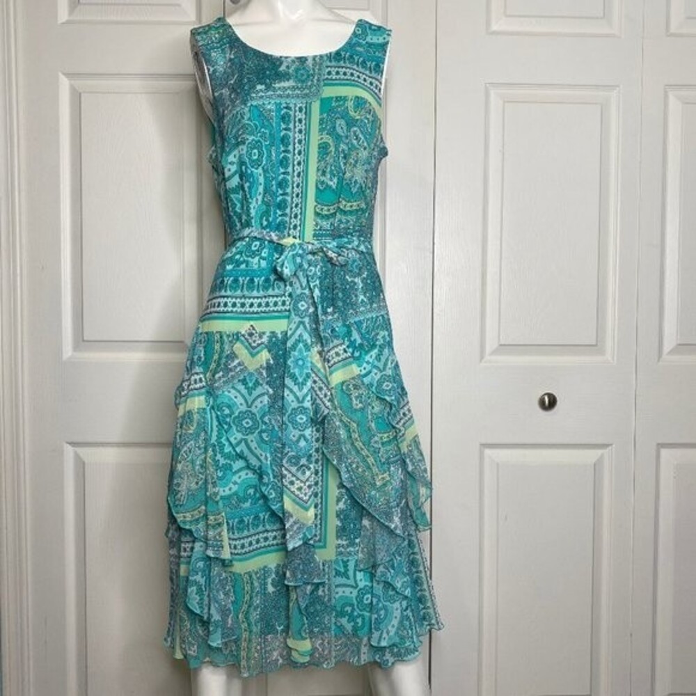 ROBBIE BEE Paisley Chiffon Ruffle Midi Dress Size 12